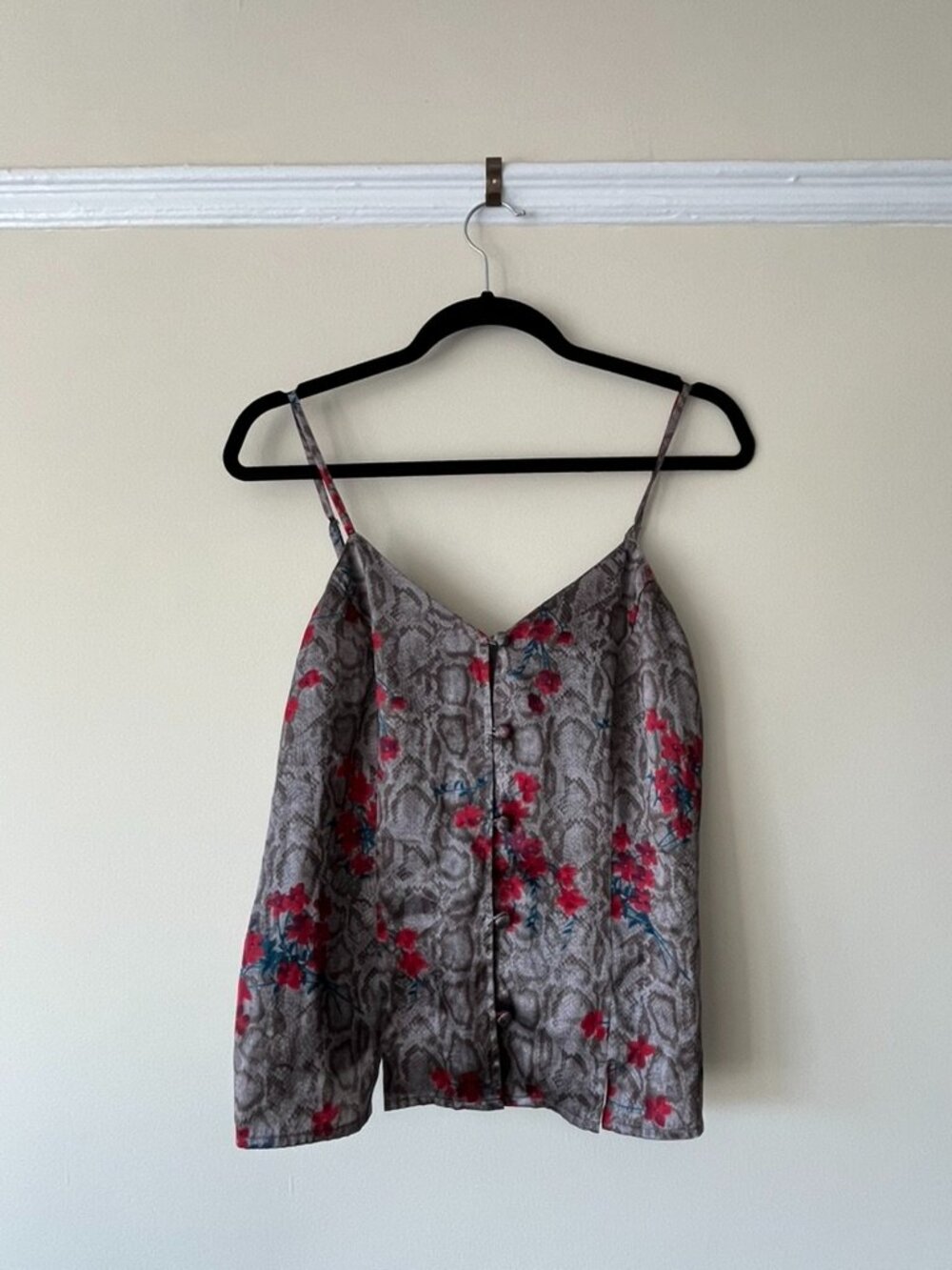 Vintage Gray Tank Top with Flowers and Front Buttons - S, Valerie Stevens